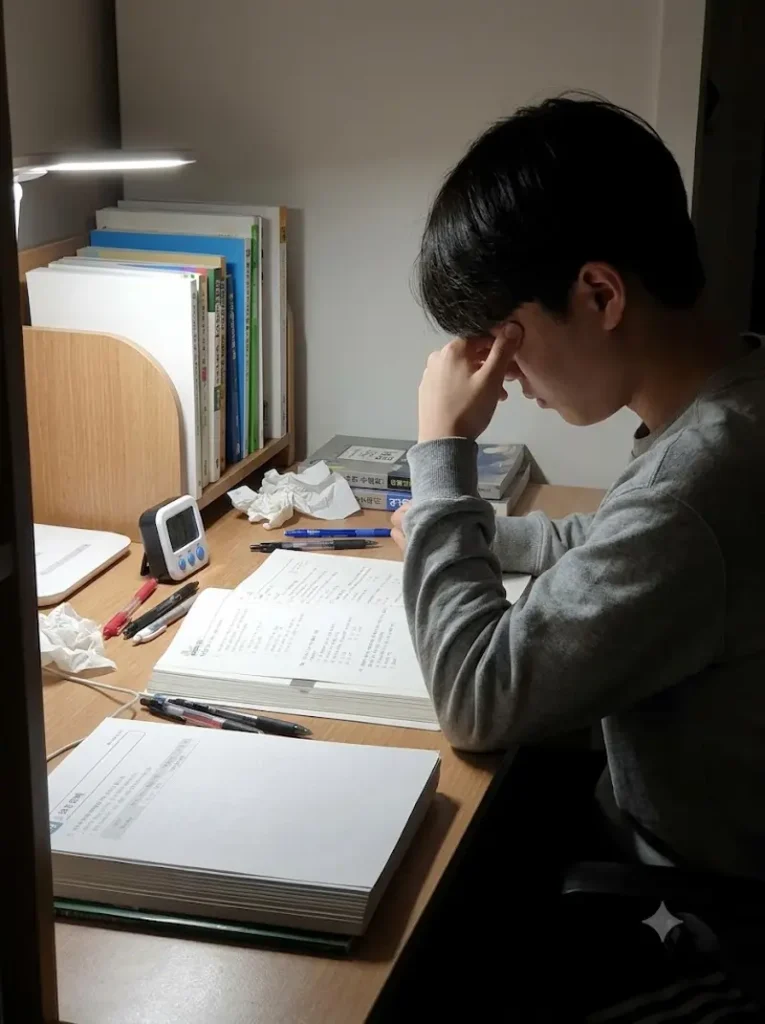 독서실 책상에서 고개를 숙인 채 답답한 표정으로 머리와 코를 짚고 있는 지친 수험생의 일상 사진