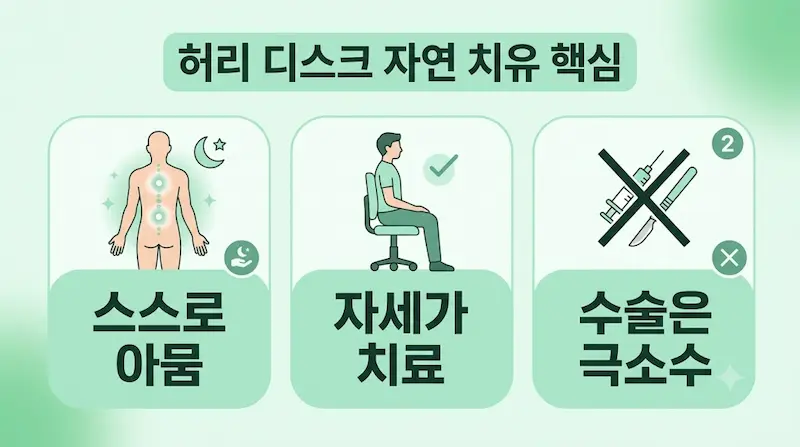 민트색 배경에 3개의 정보 상자로 "스스로 아묾", "자세가 치료", "수술은 드묾"을 나타낸 핵심 요약 인포그래픽