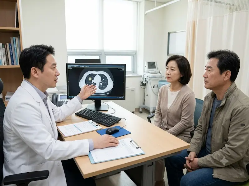 밝은 대학병원 진료실에서 의사가 환자복을 입지 않은 평범한 차림의 중년 여성 환자와 그의 남편에게 모니터에 띄워진 흉부 영상(CT)을 가리키며 폐결절의 상태를 차분히 설명하고 있는 일상적인 진료 사진.