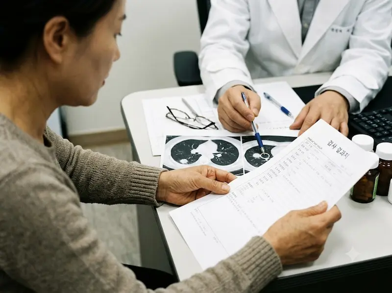 진료실 책상 위에서 중년의 여성 환자가 병원 정기 추적 관찰을 위해 저선량 흉부 CT 검사 결과지를 받아 조심스럽게 살피고 있고, 의사가 차트 속 결절(둥근 음영)의 크기 추이를 볼펜 끝으로 짚어 보여주는 세부 상황을 담은 디테일 사진.