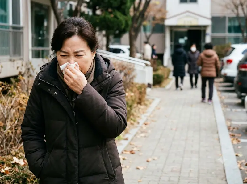 쌀쌀한 환절기 날씨에 아파트 단지 앞 야외에서 옷깃을 여미며 찬 공기 속에 재채기를 하려 코를 가리는 중년 여성의 일상적인 건강 위협 순간을 포착한 사실적인 야외 사진.