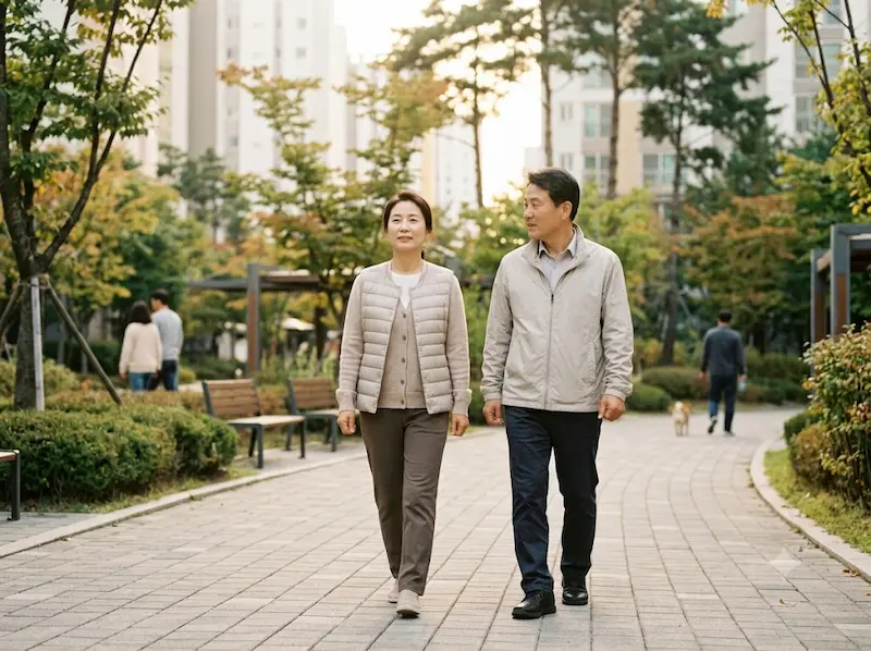 늦은 오후, 숲과 벤치가 어우러진 자연 속 산책로에서 가벼운 겉옷을 입고 코로 맑은 공기를 들이마시며 활기차고 평화롭게 걷고 있는 중년 여성과 그녀의 남편의 회복의 순간을 담은 산책 사진.