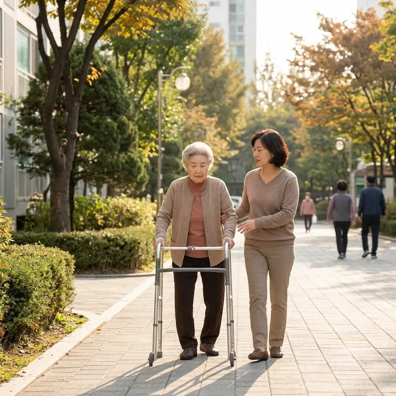 따뜻한 오후 햇살 아래, 아파트 단지 내 산책로에서 보행 보조기(워커)를 밀며 꿋꿋이 걷는 고령의 어머니와 그 곁을 든든하게 지키며 동행하는 딸의 평화롭고 희망찬 일상 복귀의 순간을 담은 사진.