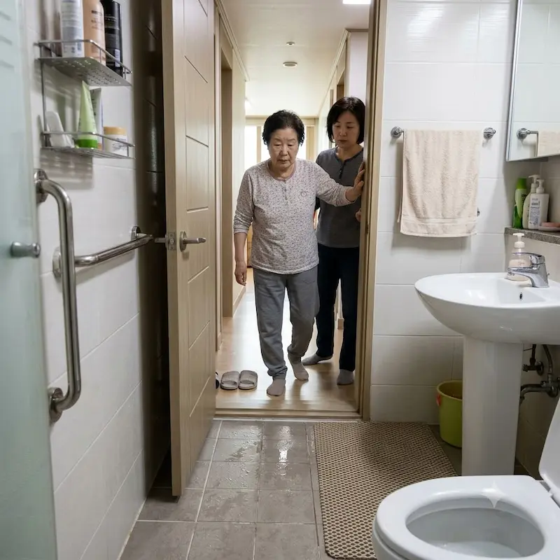 한국 아파트의 욕실 입구에서 안전 손잡이와 미끄럼 방지 매트를 갖춘 환경을 배경으로, 조심스럽게 욕실로 들어서는 어머니를 뒤에서 세심하게 살피는 딸의 일상적인 예방 행동을 담은 사진.