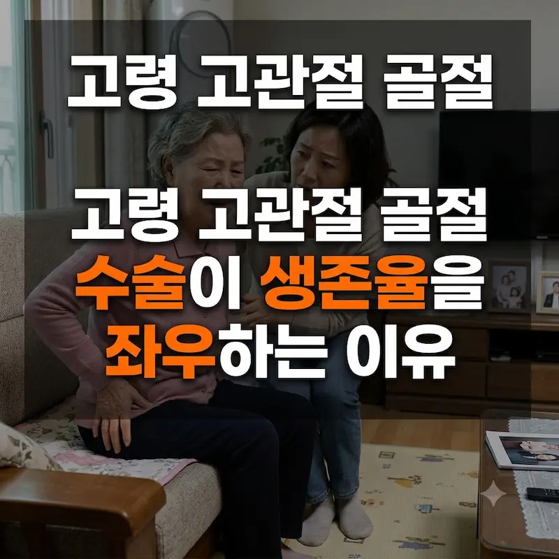 집 안에서 고관절 통증을 호소하는 고령의 어머니와 이를 걱정스럽게 바라보는 딸의 실사풍 사진. 어두운 오버레이 위로 "고령 고관절 골절, 수술이 생존율을 좌우하는 이유"라는 큰 고딕체 한글 문구가 강조색과 함께 배치된 이미지.