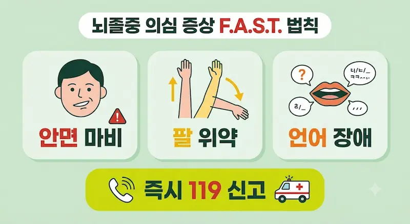 민트색 배경에 안면마비, 팔다리 위약, 언어장애 아이콘과 함께 FAST 법칙을 설명하는 인포그래픽